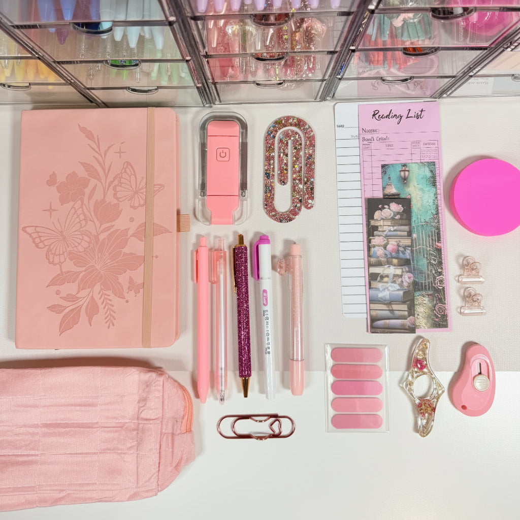 Pink Petals Bundle — pink bookish stationery flatlay