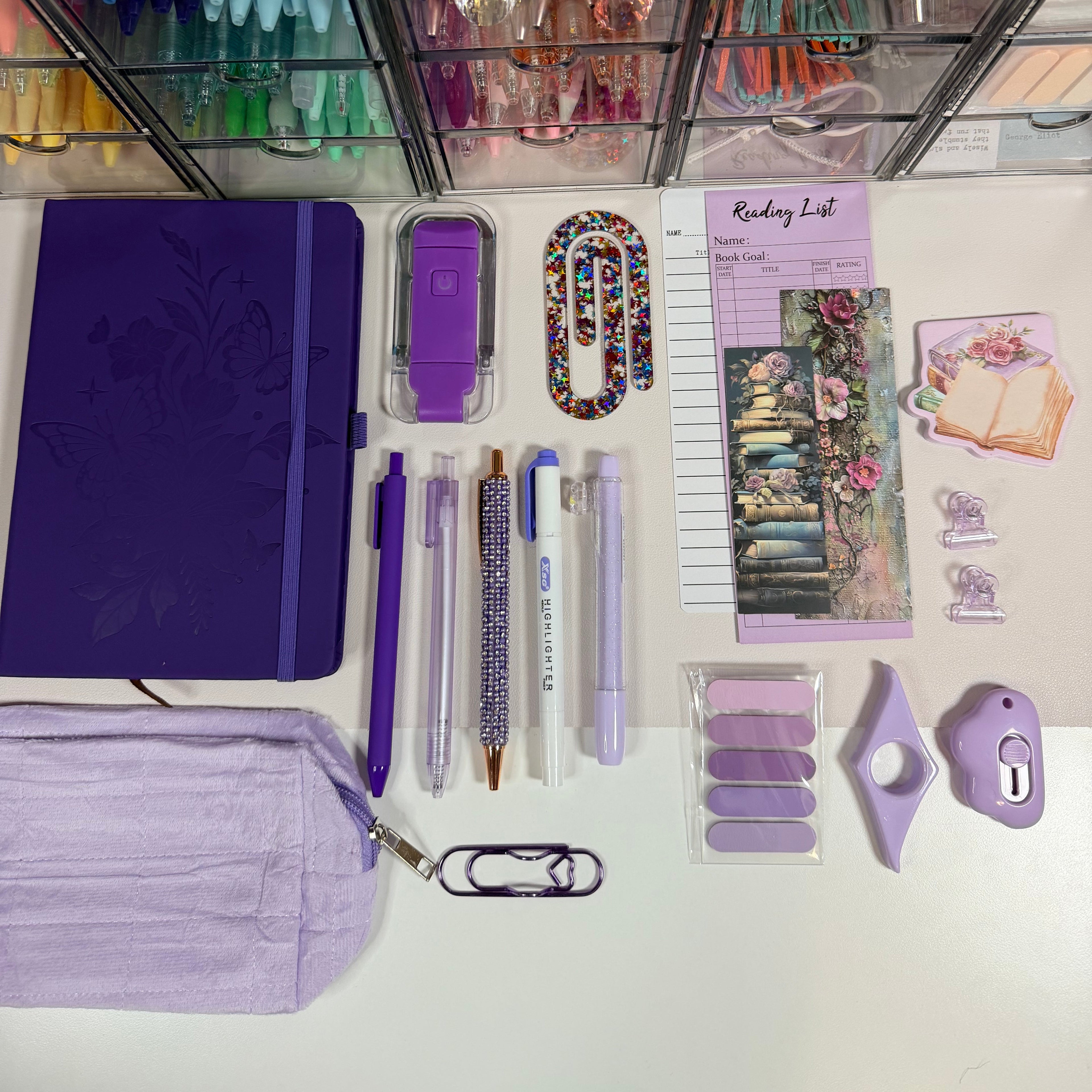 Lavender Meadow Exclusive Bundle — purple bookish stationery flatlay