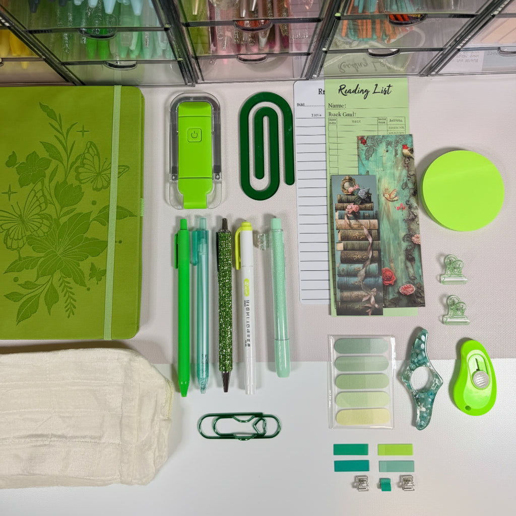 Emerald Escape Exclusive Bundle — green bookish stationery flatlay
