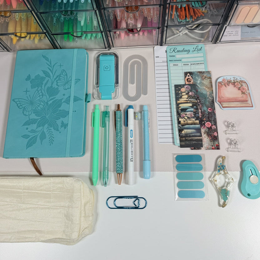Sea Glass Serenity Exclusive Bundle — teal bookish stationery flatlay