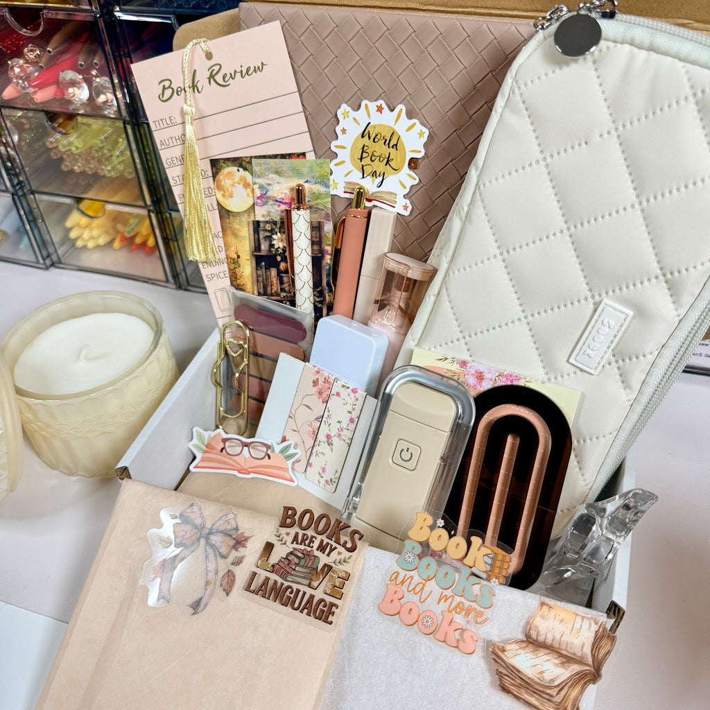 Champagne Frost bookish bundle with cream quilted pouch and champagne-toned stationery