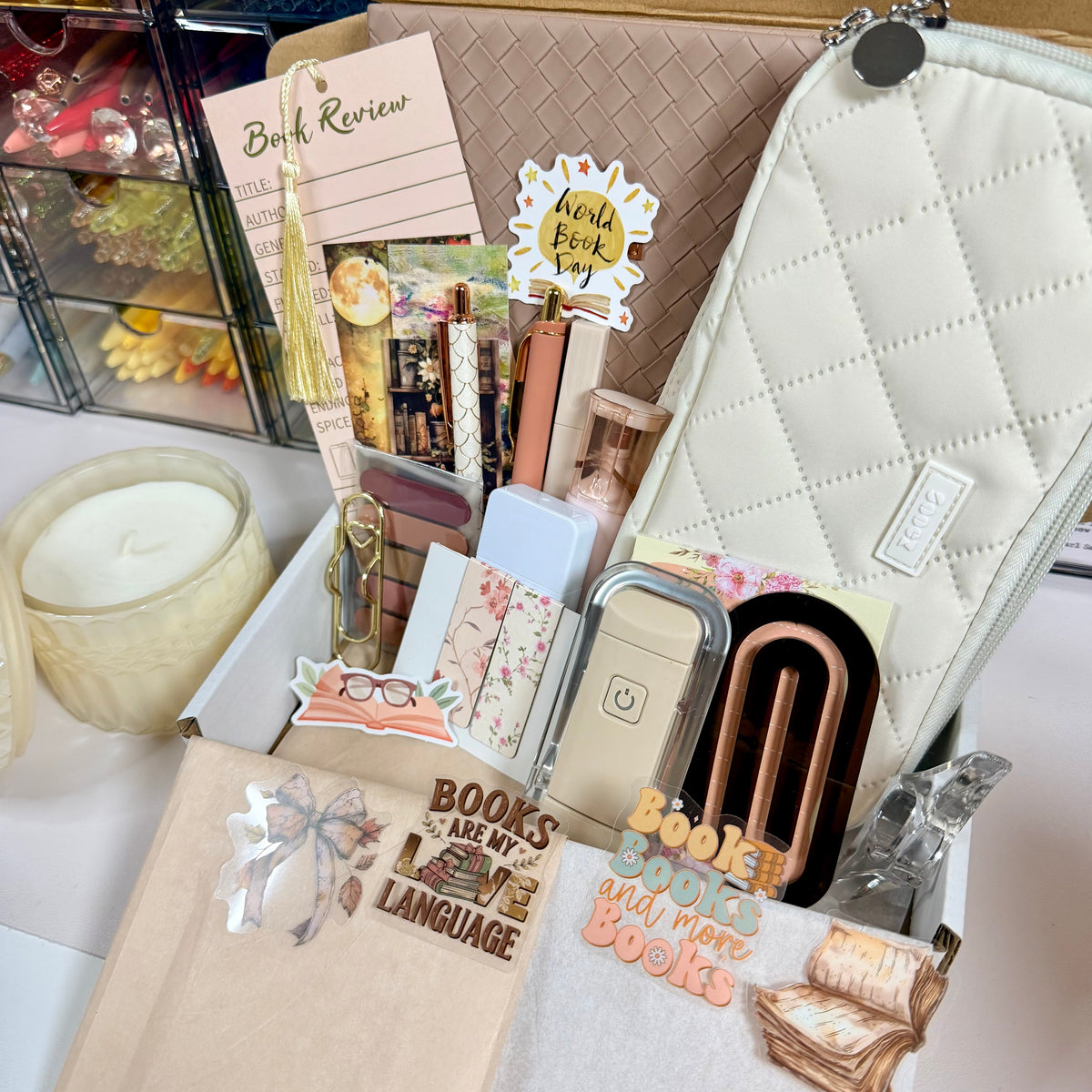 Champagne Frost bookish bundle with cream quilted pouch and champagne-toned stationery