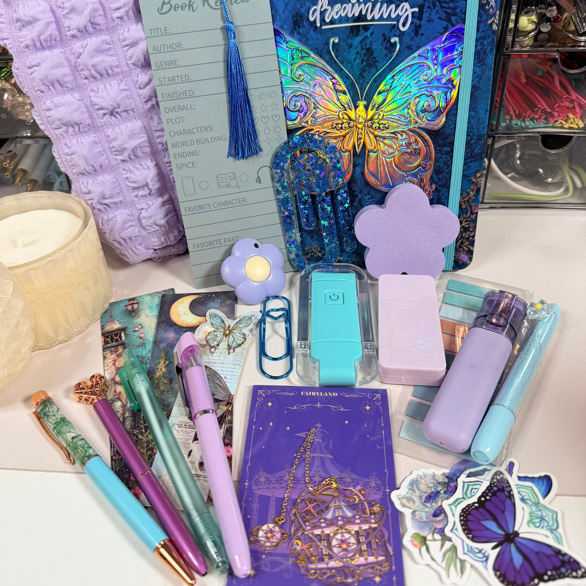 Butterfly Dreamscape bookish bundle styled with butterfly journal and lavender accessories