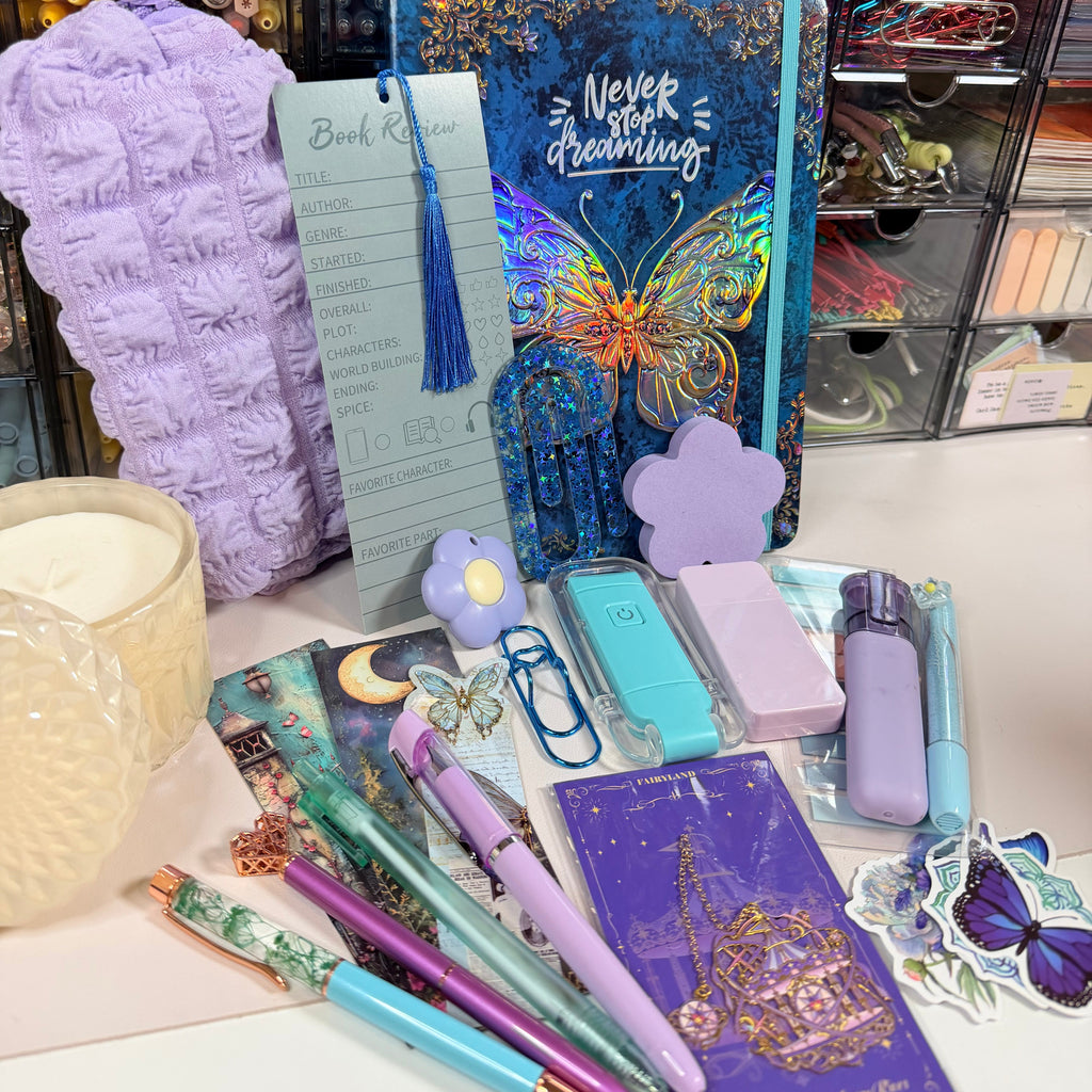 Butterfly Dreamscape journal, bookmarks, pens and pastel reading accessories